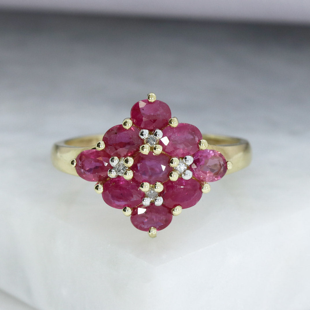 Pre Owned 9ct Yellow Gold Claw Set Ruby Cluster Ring