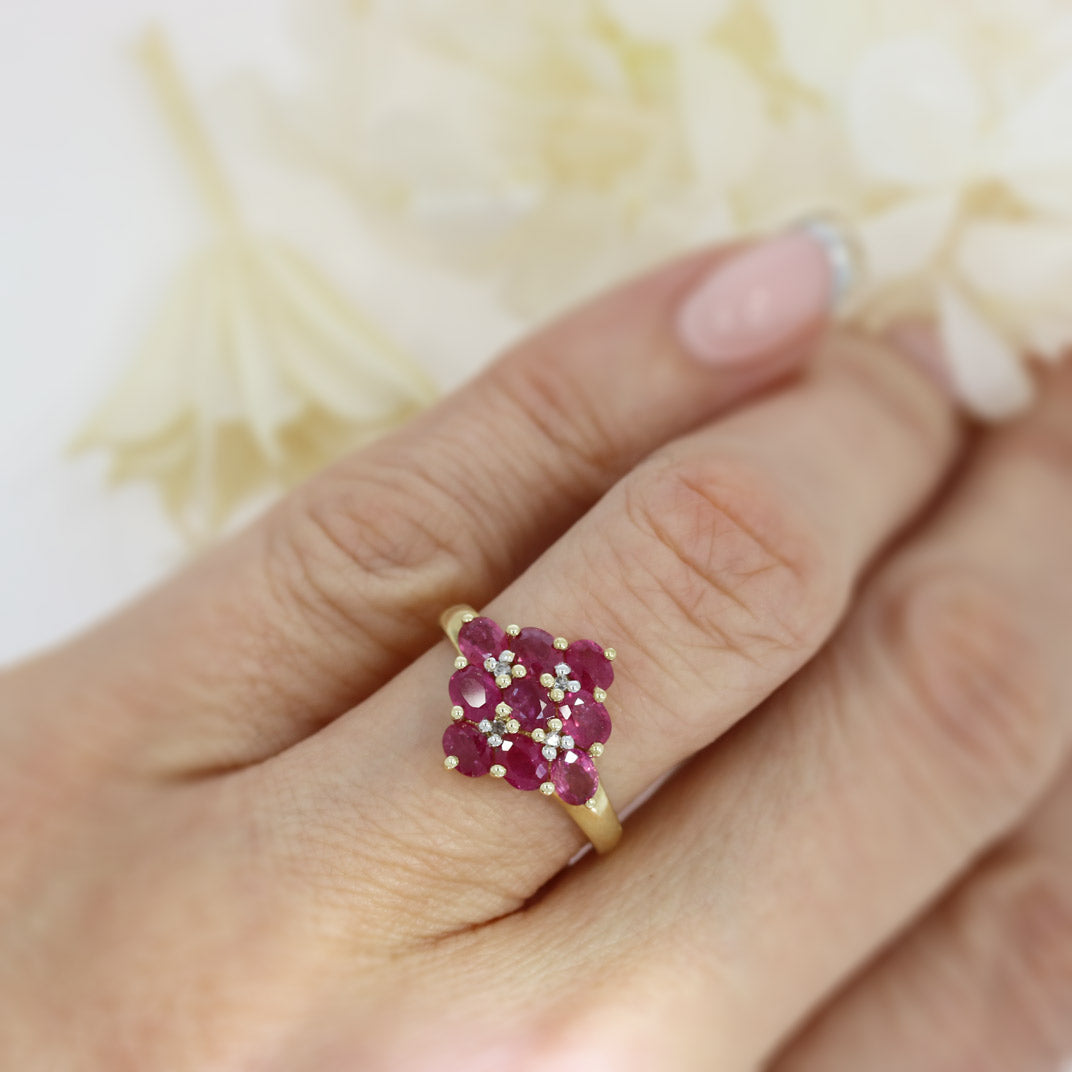 Pre Owned 9ct Yellow Gold Claw Set Ruby Cluster Ring
