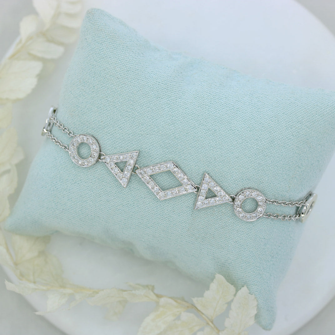 Pre Owned 18ct White Gold Double Row Pave Set Diamond Shapes Bracelet
