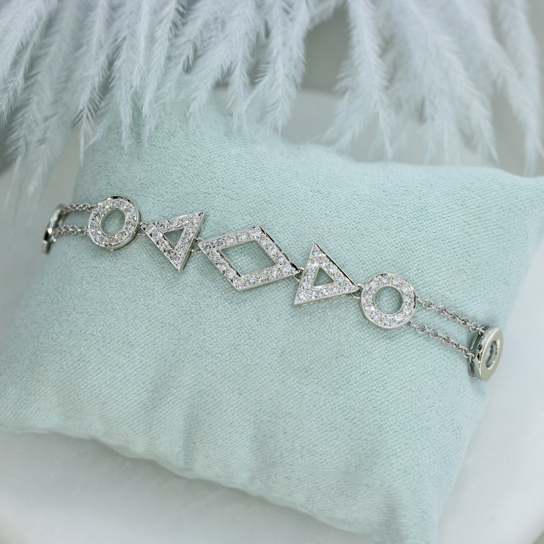 Pre Owned 18ct White Gold Double Row Pave Set Diamond Shapes Bracelet