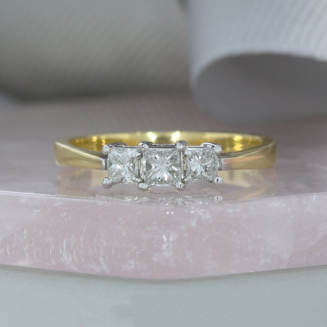 Pre Owned 18ct Yellow Gold Claw Set Princess Cut Diamond 3 Stone Ring Approx 0.65ct