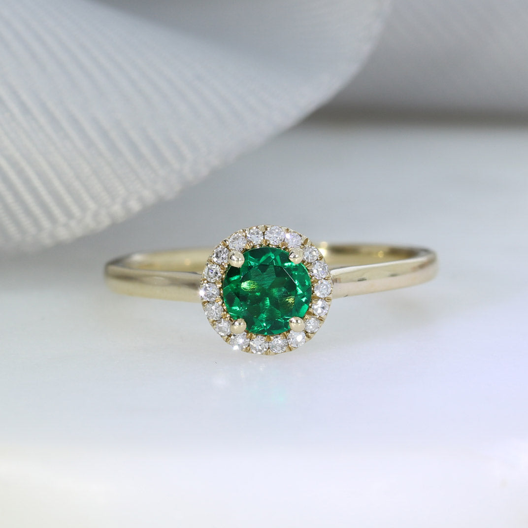 Pre Owned 9ct Yellow Gold Synthetic Emerald & Diamond Halo Ring