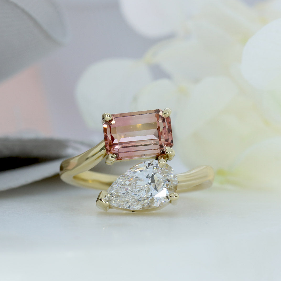 9ct Pink Tourmaline & Pear Shape Certified Lab Diamond Moi et Toi Ring