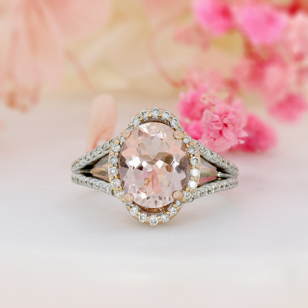 Pre Owned 14ct Rose Gold Morganite & Diamond Halo Ring
