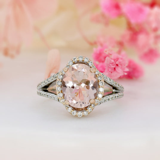 Pre Owned 14ct Rose Gold Morganite & Diamond Halo Ring
