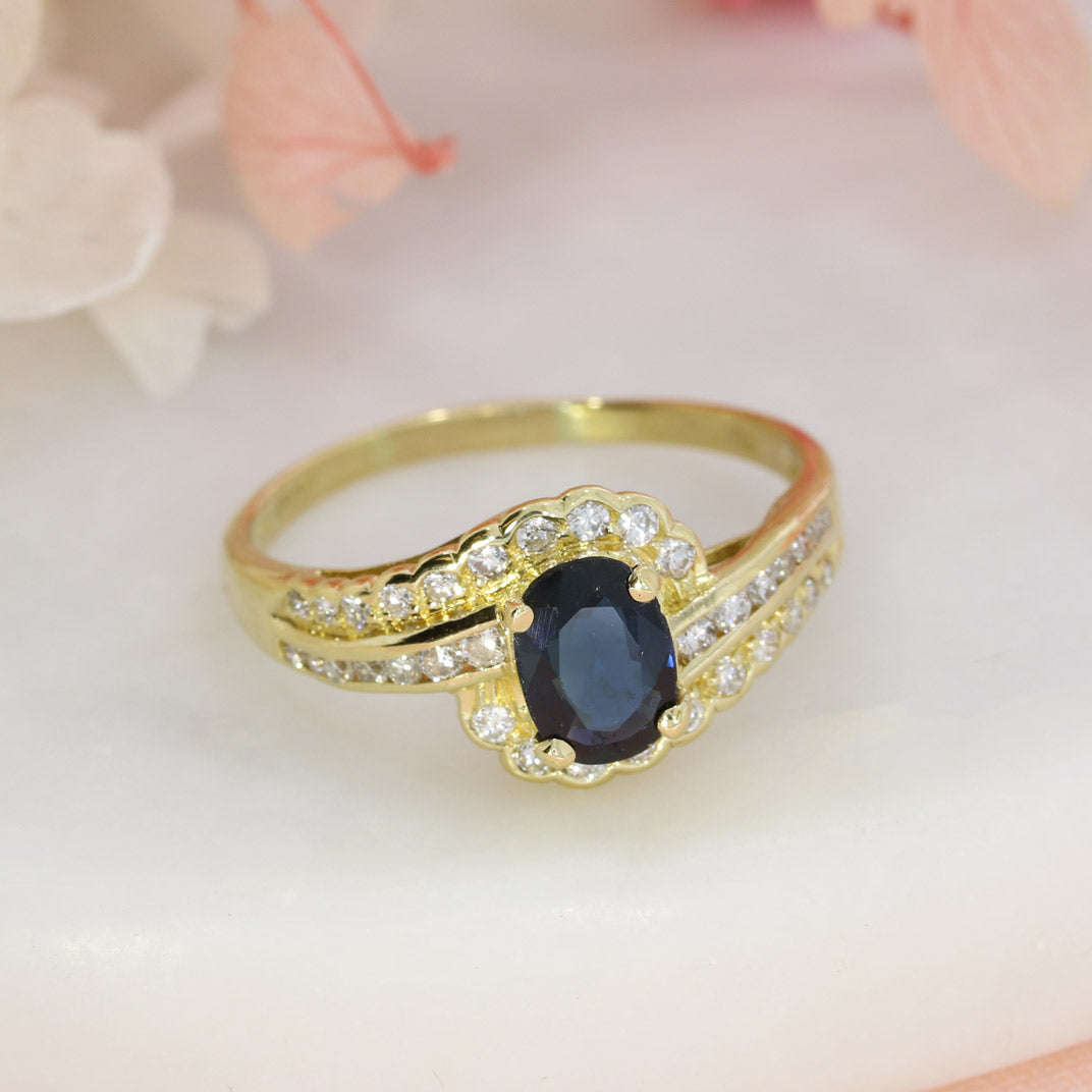 Pre Owned 18ct Gold Oval Sapphire & Diamond Crossover Dress Ring