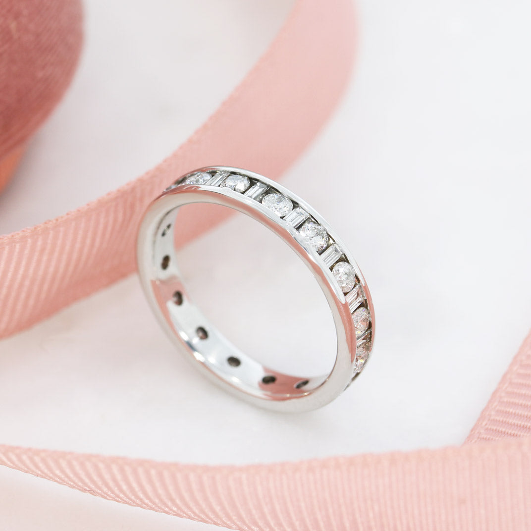 Pre Owned 18ct White Gold Full Eternity Ring With Brilliant & Baguette Cut Diamonds Approx 1ct
