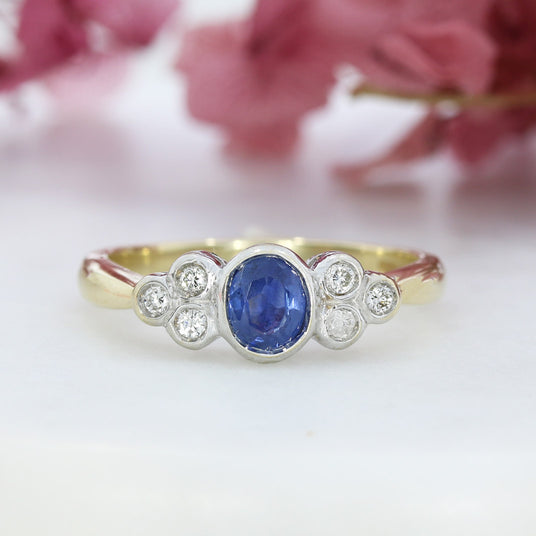 Pre Owned 9ct Yellow Gold Oval Rubover Sapphire & Brilliant Cut Diamond Ring