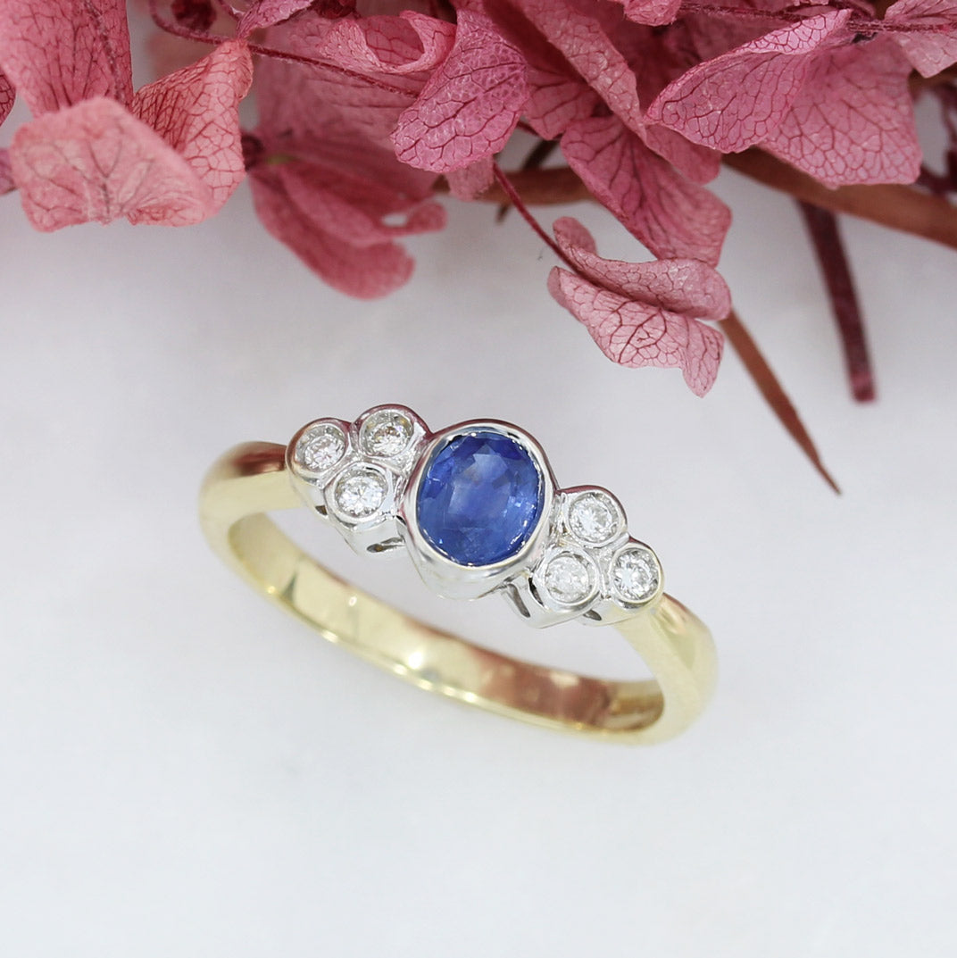 Pre Owned 9ct Yellow Gold Oval Rubover Sapphire & Brilliant Cut Diamond Ring