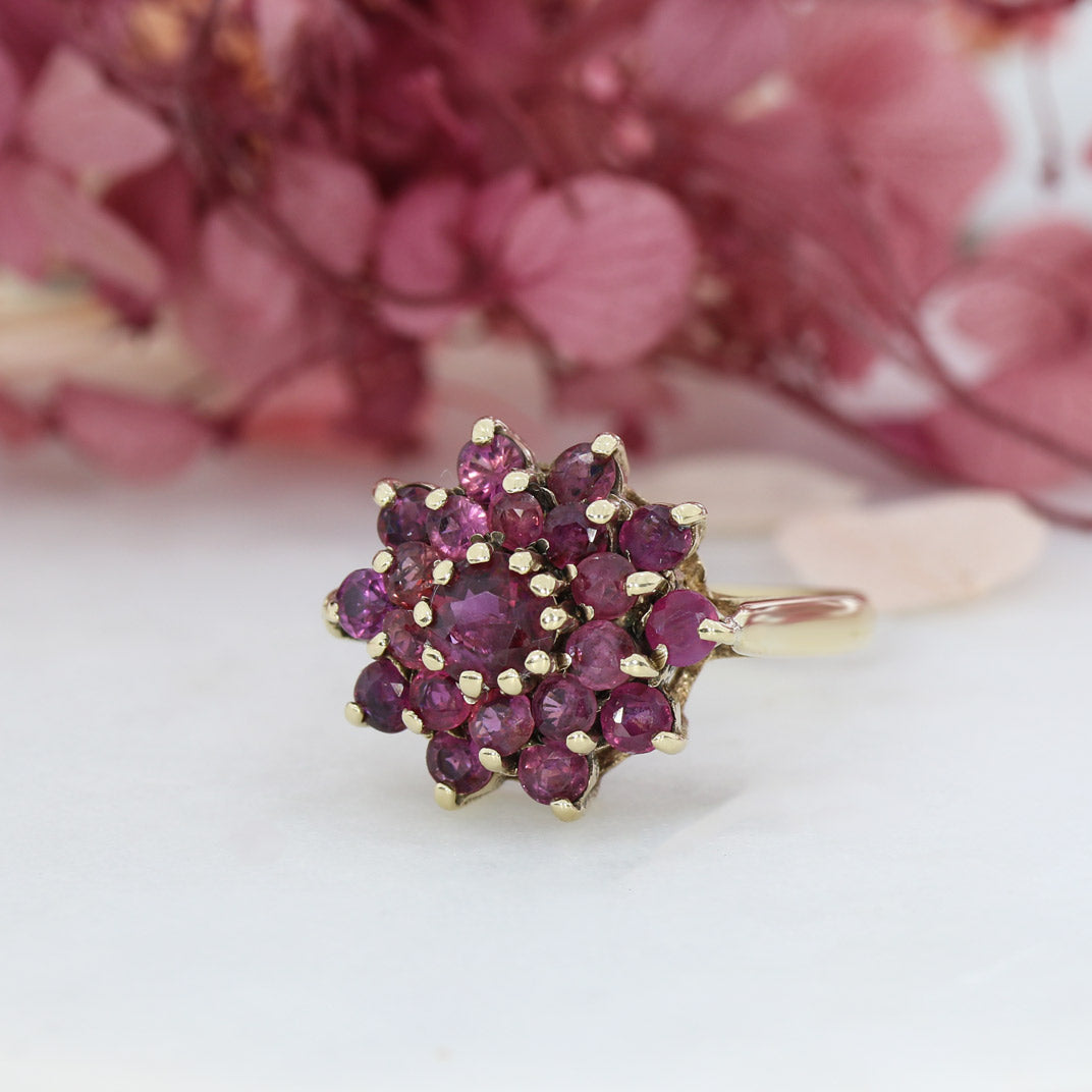 Pre Owned 9ct Yellow Gold Ruby Flower Cluster Ring