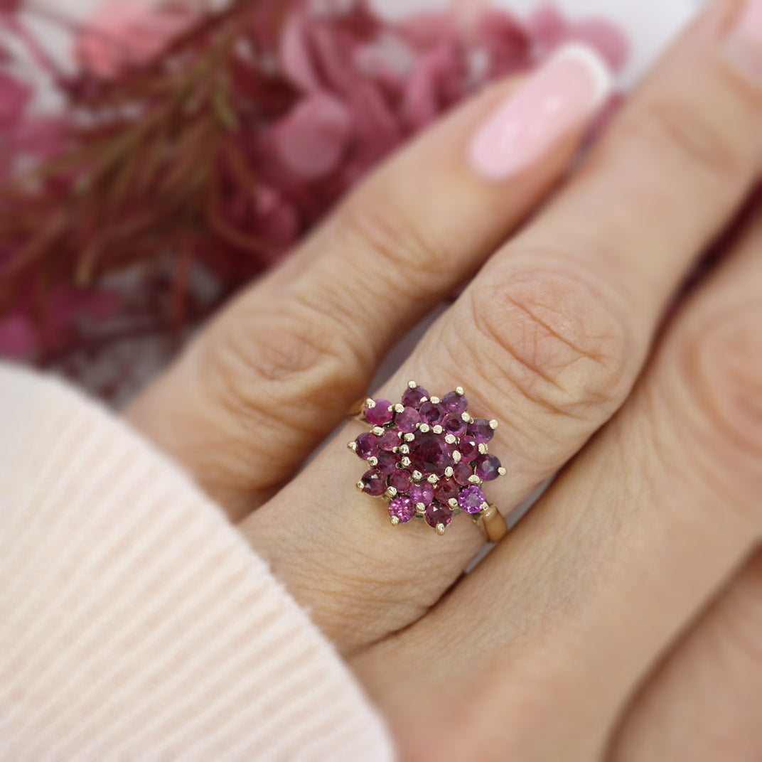 Pre Owned 9ct Yellow Gold Ruby Flower Cluster Ring