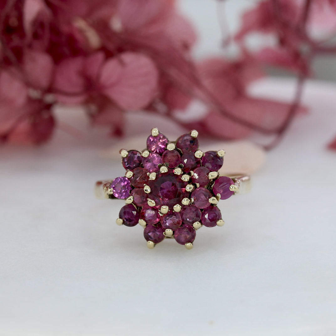 Pre Owned 9ct Yellow Gold Ruby Flower Cluster Ring