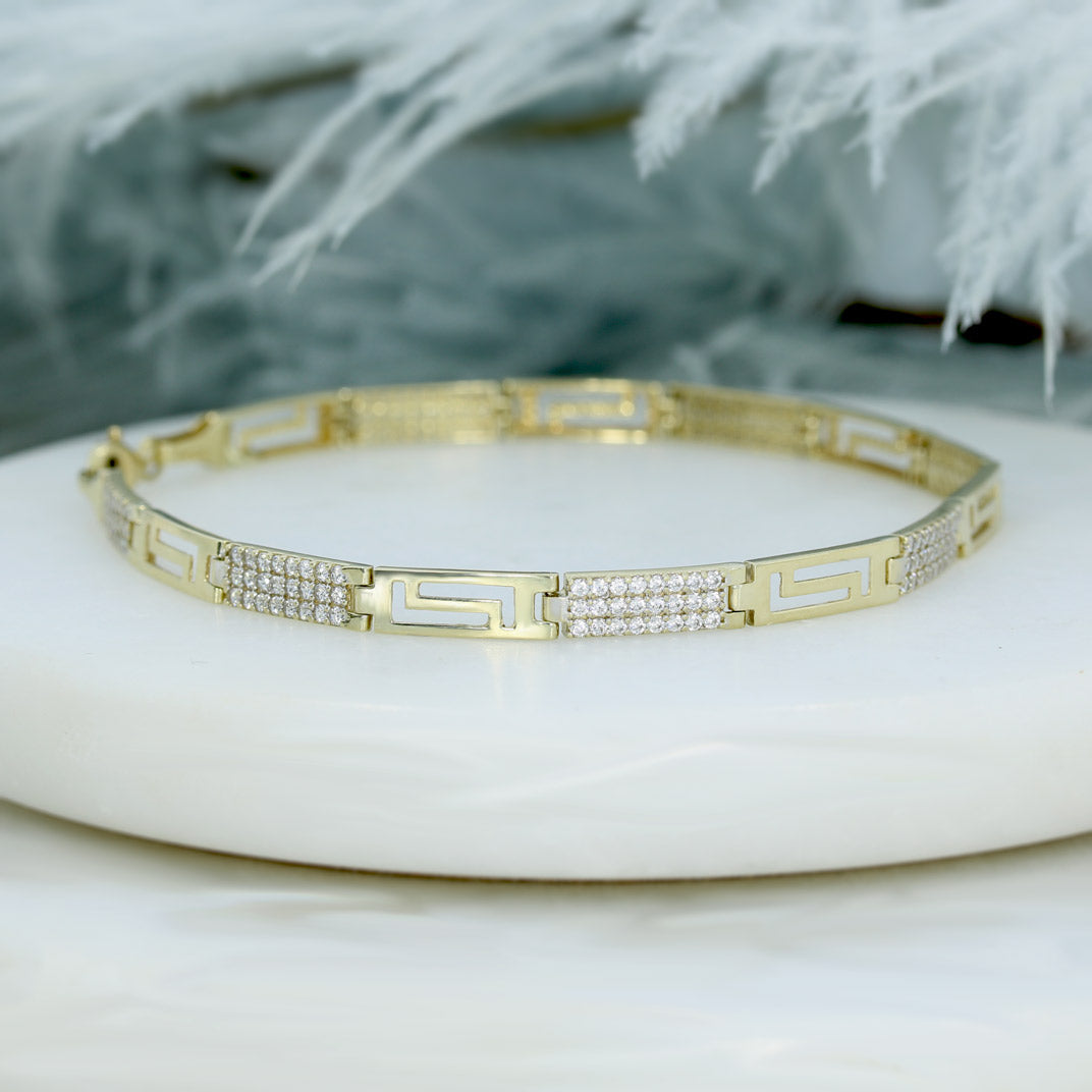 Pre Owned 9ct Yellow Gold Greek Key CZ Bracelet
