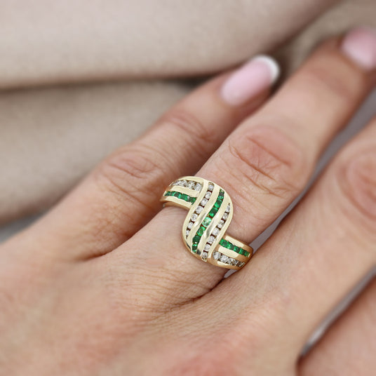 Pre Owned 14ct Gold Emerald & Diamond Art Deco Style Dress Ring