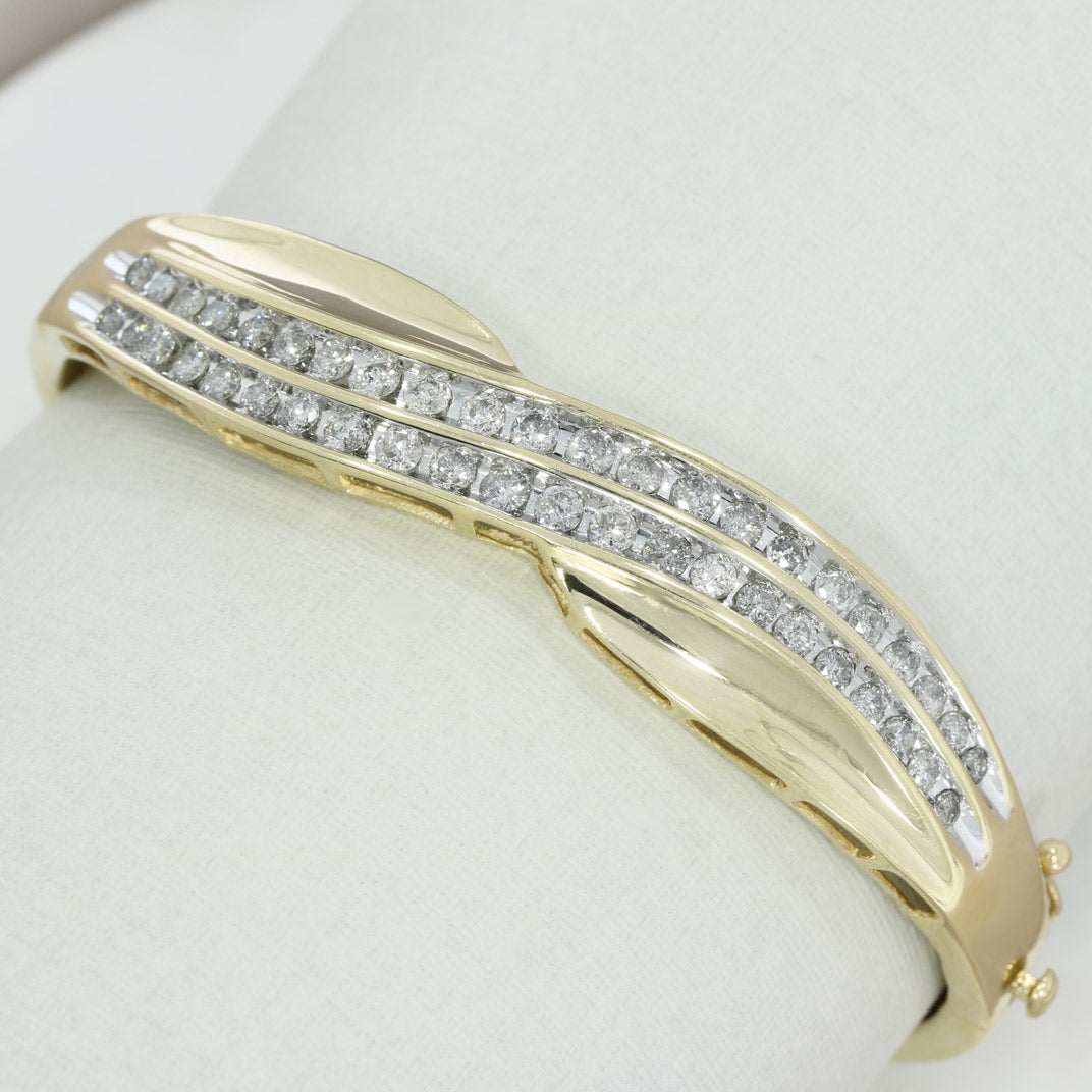 Pre Owned 10ct Yellow Gold Double Row Channel Set Diamond Bangle Approx 2ct