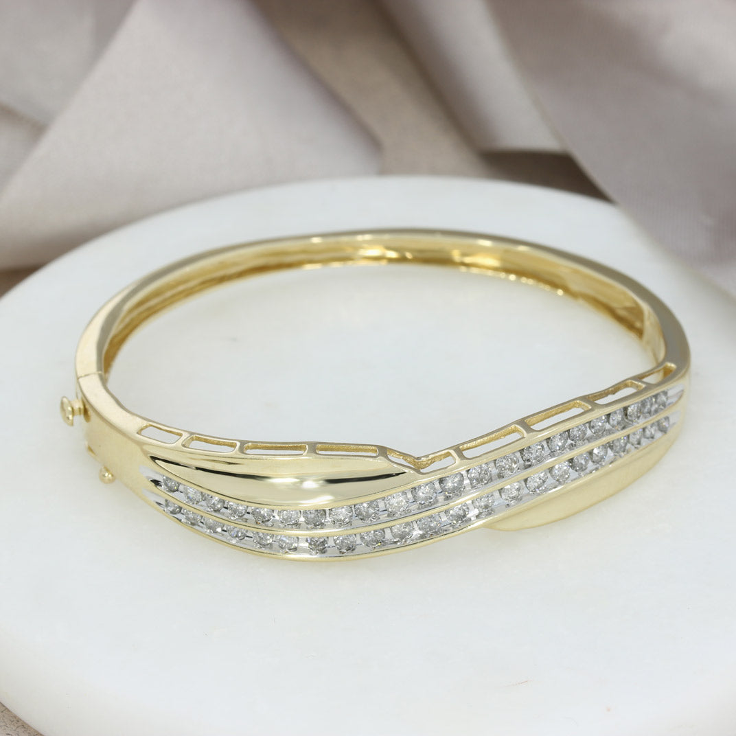 Pre Owned 10ct Yellow Gold Double Row Channel Set Diamond Bangle Approx 2ct