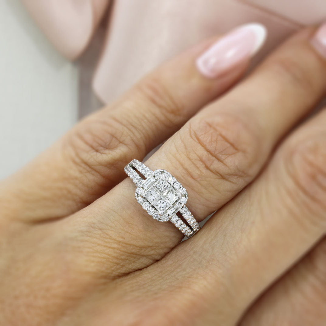 Pre Owned 18ct White Gold Invisible Set Square Diamond Cluster Ring Approx 1.00ct