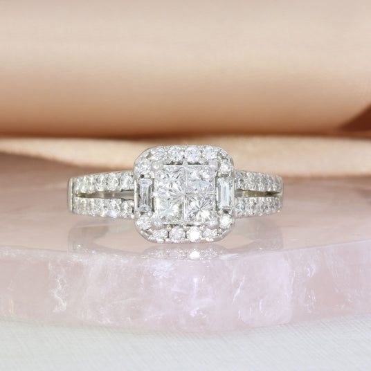 Pre Owned 18ct White Gold Invisible Set Square Diamond Cluster Ring Approx 1.00ct