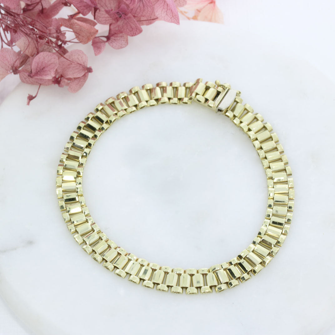 Pre Owned 9ct Yellow Gold Solid Flat Link 3 Row Bracelet