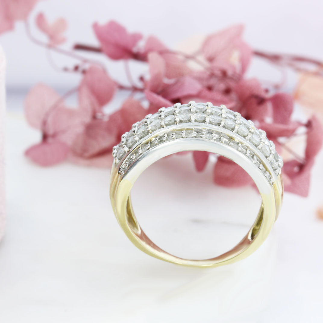 Pre Owned 9ct Yellow Gold 5 Row Claw Set Diamond Cluster Ring approx 1.00ct