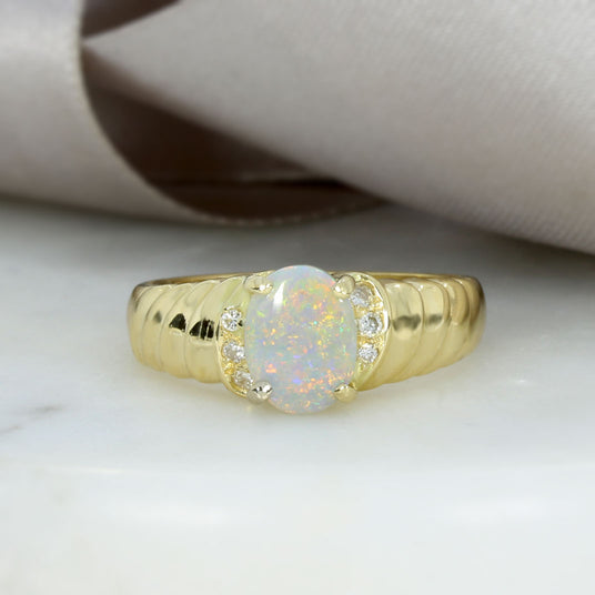 Pre Owned 18ct Yellow Gold Claw Set Oval Opal & Pave Set Diamond Ring
