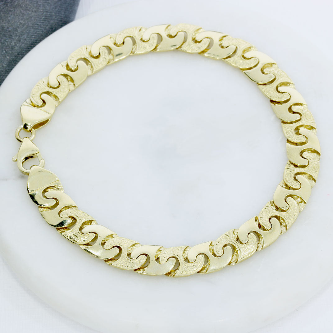 Pre Owned 9ct Yellow Gold Patterened & Polished Jigsaw Link Bracelet