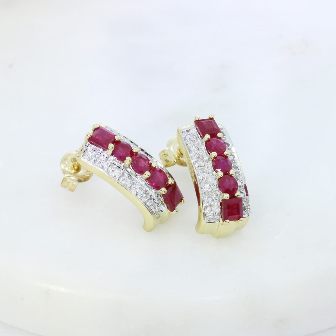 Pre Owned 14ct Yellow Gold Claw Set Ruby Block Earrings with Small Pave Set Diamonds
