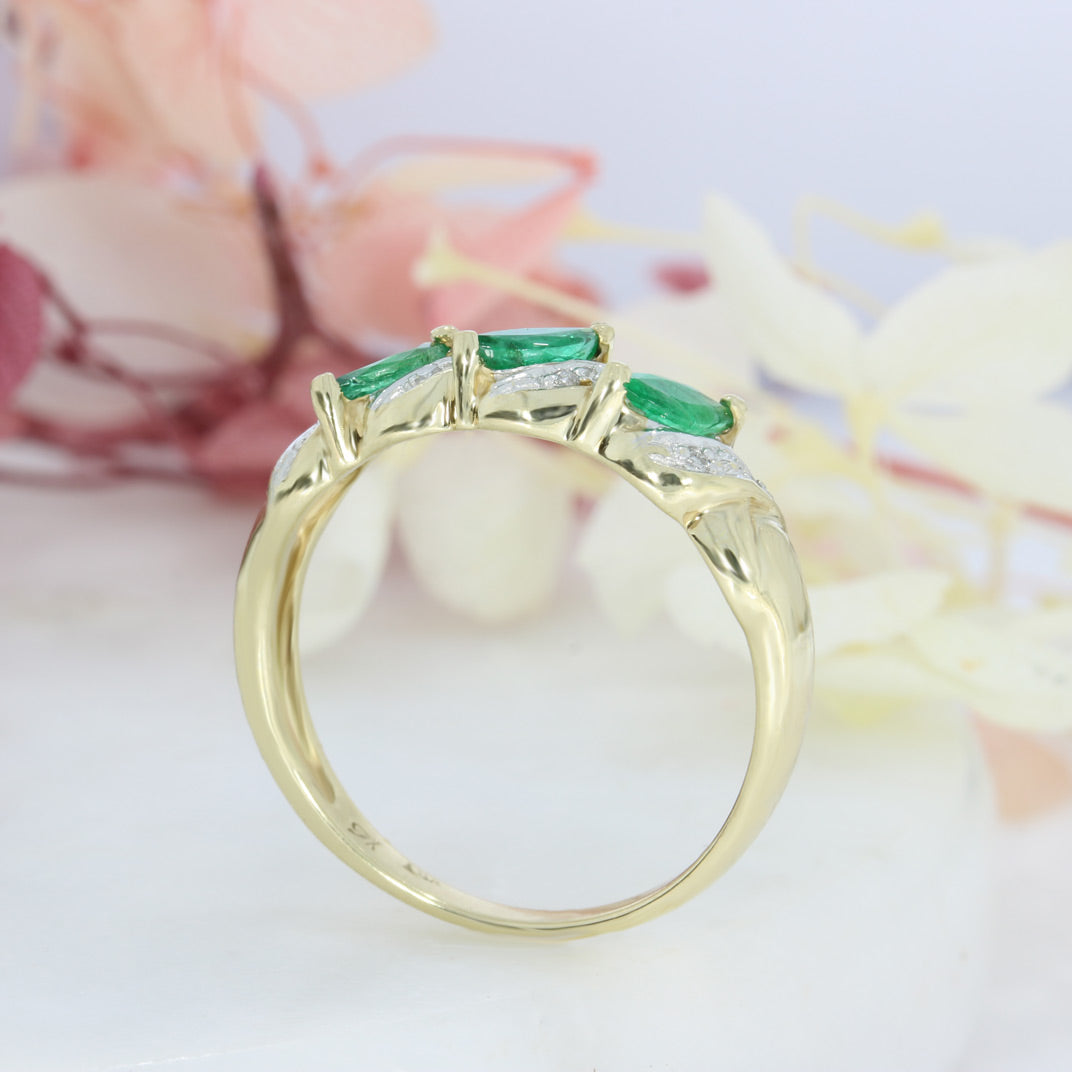 Pre Owned 9ct Yellow Gold Marquise Shape Emerald & Diamond Eternity Ring
