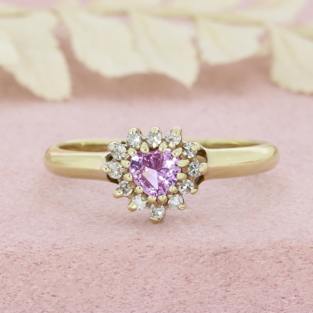 Pre Owned 9ct Gold Heart Shape Pink Sapphire & Diamond Cluster Ring 0.10ct