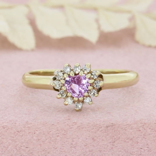 Pre Owned 9ct Gold Heart Shape Pink Sapphire & Diamond Cluster Ring 0.10ct