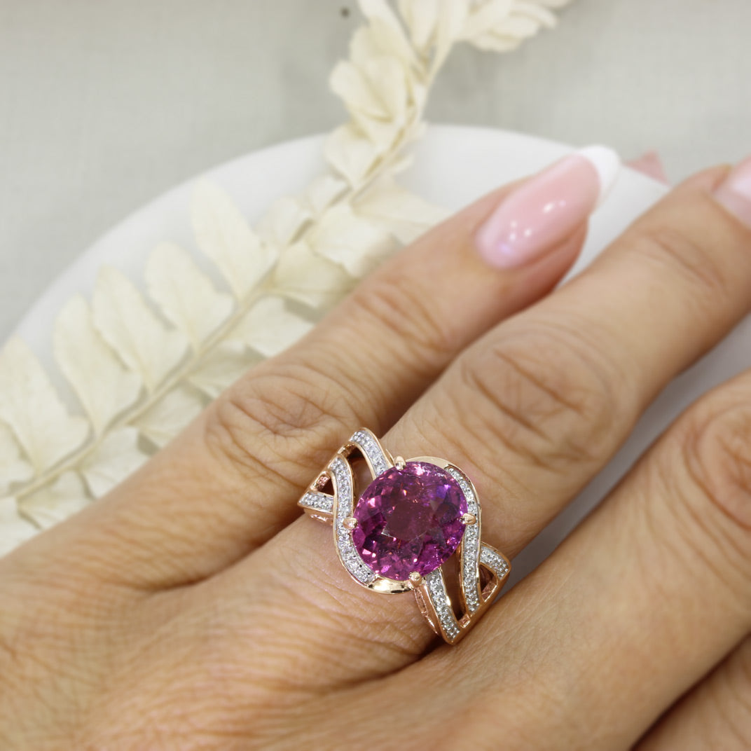 Pre Owned 18ct Rose Gold Dress Ring with 5.01ct Oval Claw Set Pink Tourmaline & Diamonds