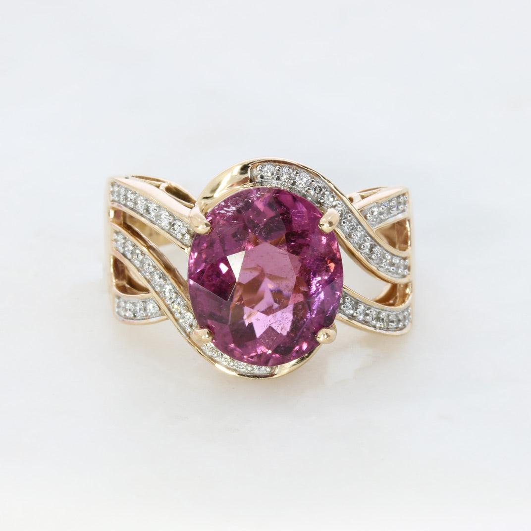 Pre Owned 18ct Rose Gold Dress Ring with 5.01ct Oval Claw Set Pink Tourmaline & Diamonds
