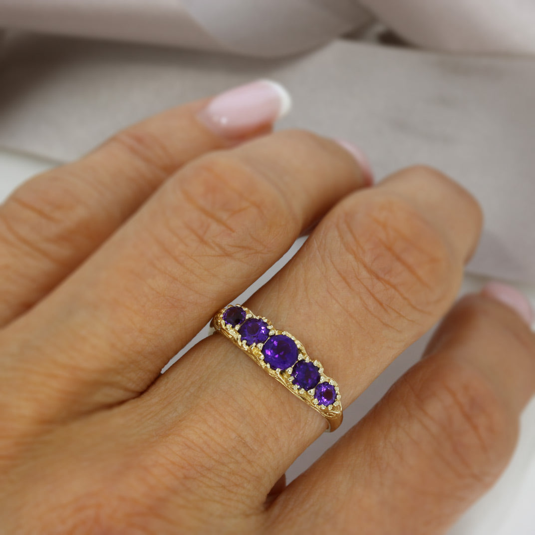 Pre Owned 9ct Yellow Gold Claw Set Amethyst 5 Stone Ring