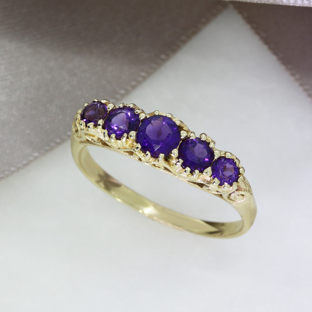 Pre Owned 9ct Yellow Gold Claw Set Amethyst 5 Stone Ring