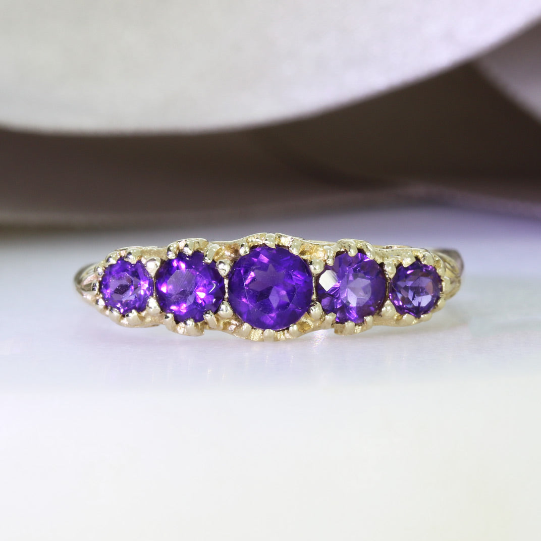 Pre Owned 9ct Yellow Gold Claw Set Amethyst 5 Stone Ring