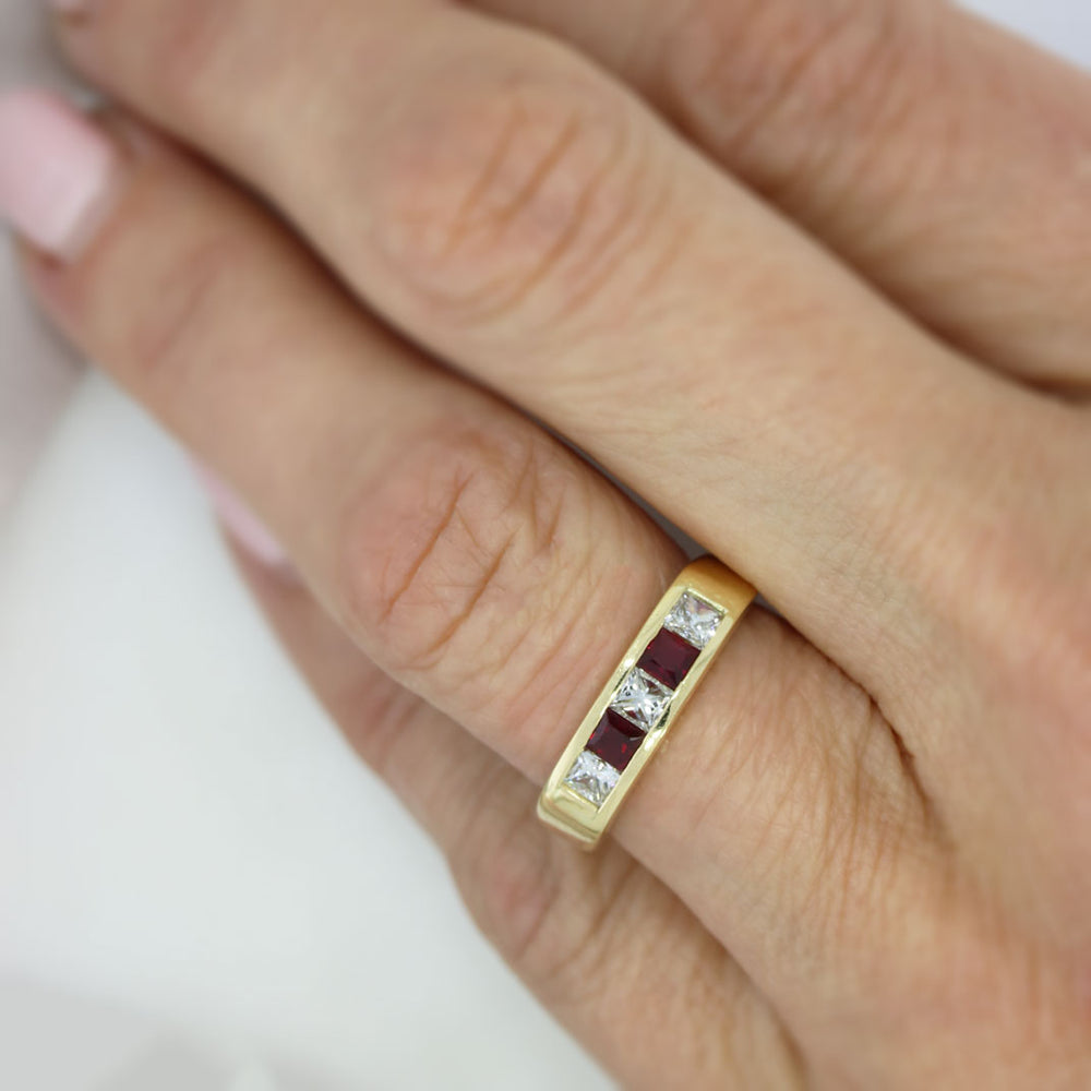 18ct gold Square cut Ruby & Diamond Channel Set Half Eternity ring