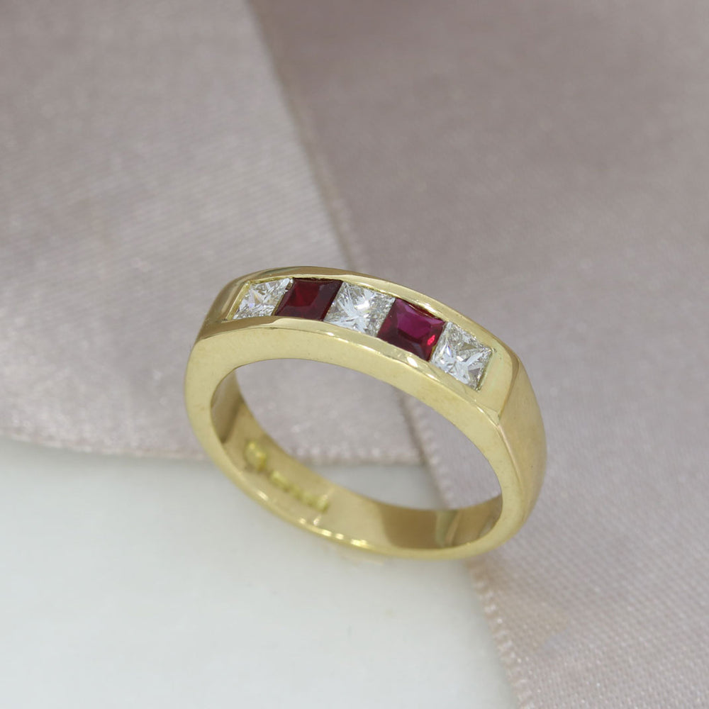 18ct gold Square cut Ruby & Diamond Channel Set Half Eternity ring