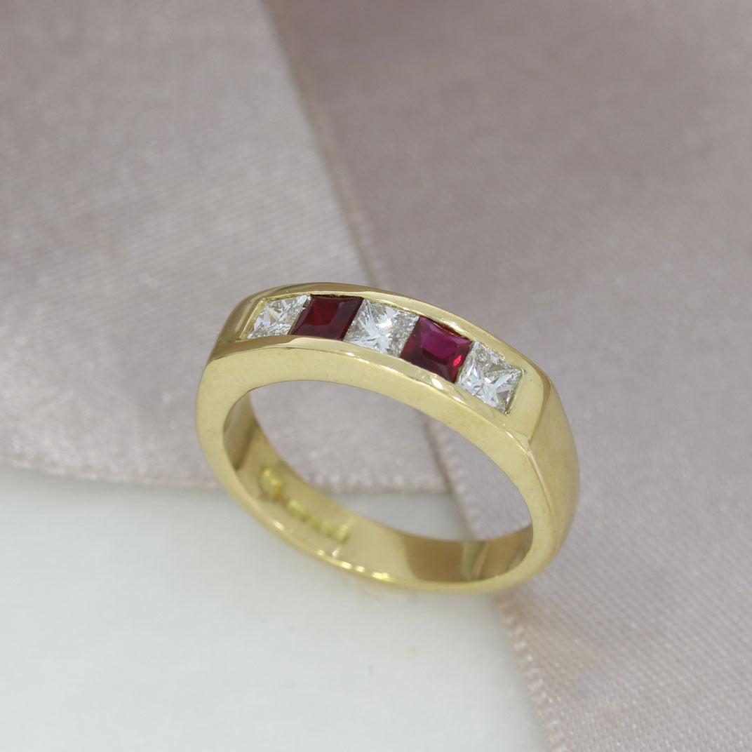 18ct gold Square cut Ruby & Diamond Channel Set Half Eternity ring