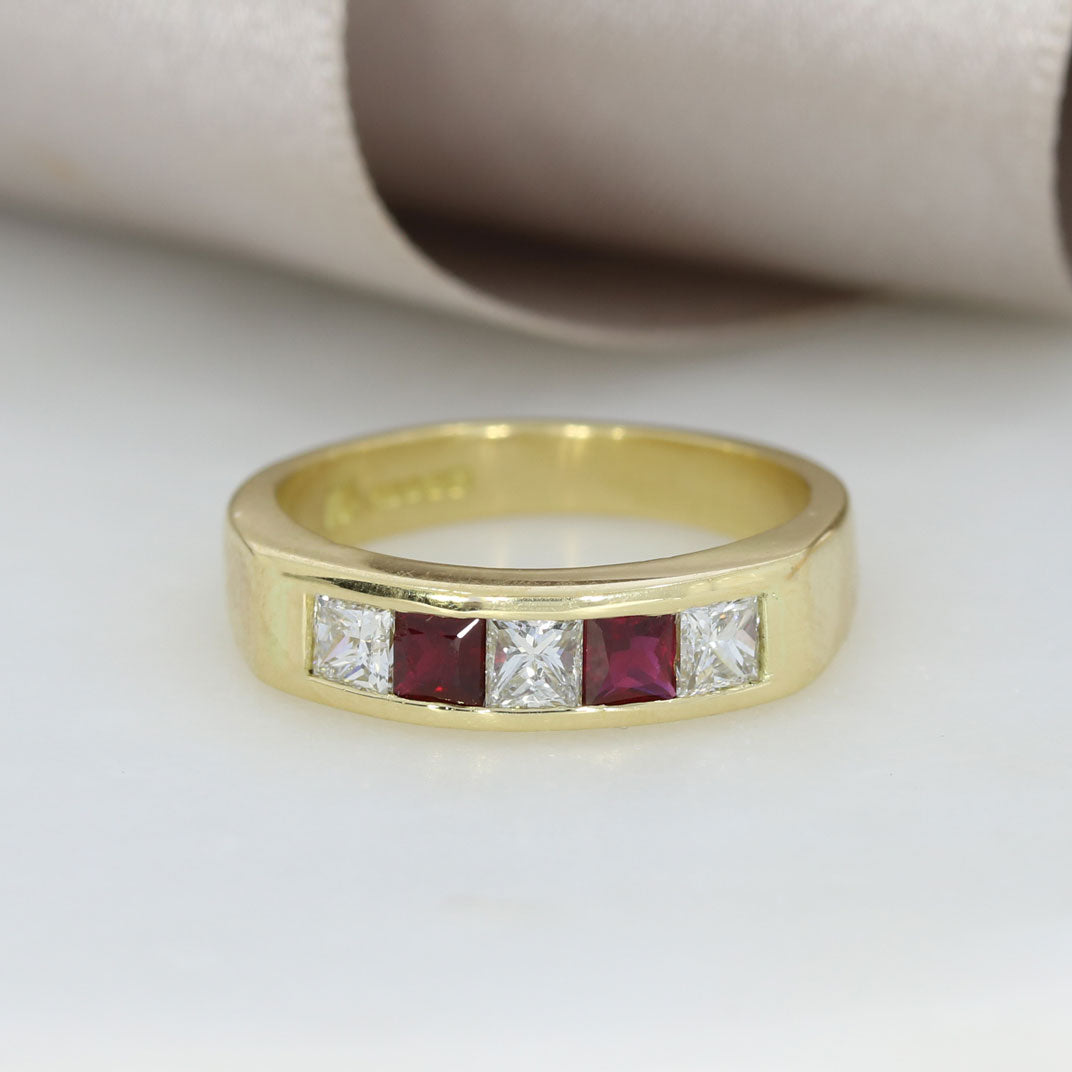 18ct gold Square cut Ruby & Diamond Channel Set Half Eternity ring