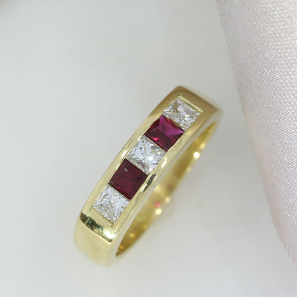 18ct gold Square cut Ruby & Diamond Channel Set Half Eternity ring