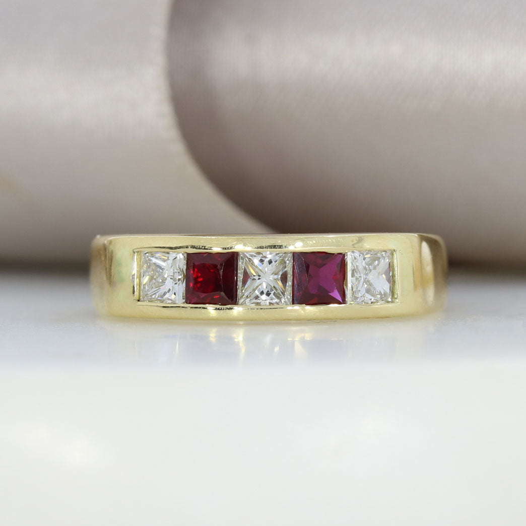 18ct gold Square cut Ruby & Diamond Channel Set Half Eternity ring