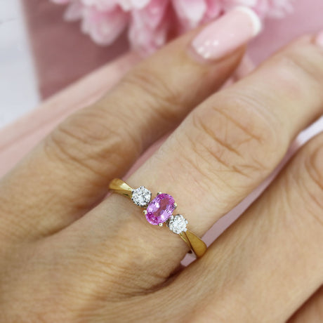 18ct Yellow Gold Oval Pink Sapphire & Brilliant Cut Diamond 0.20ct 3 Stone Ring