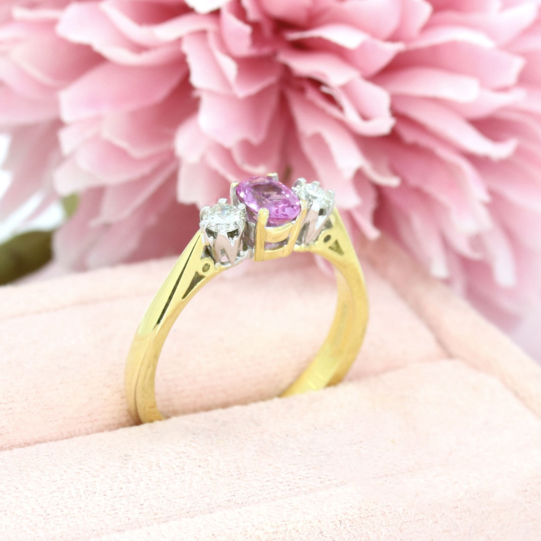 18ct Yellow Gold Oval Pink Sapphire & Brilliant Cut Diamond 0.20ct 3 Stone Ring
