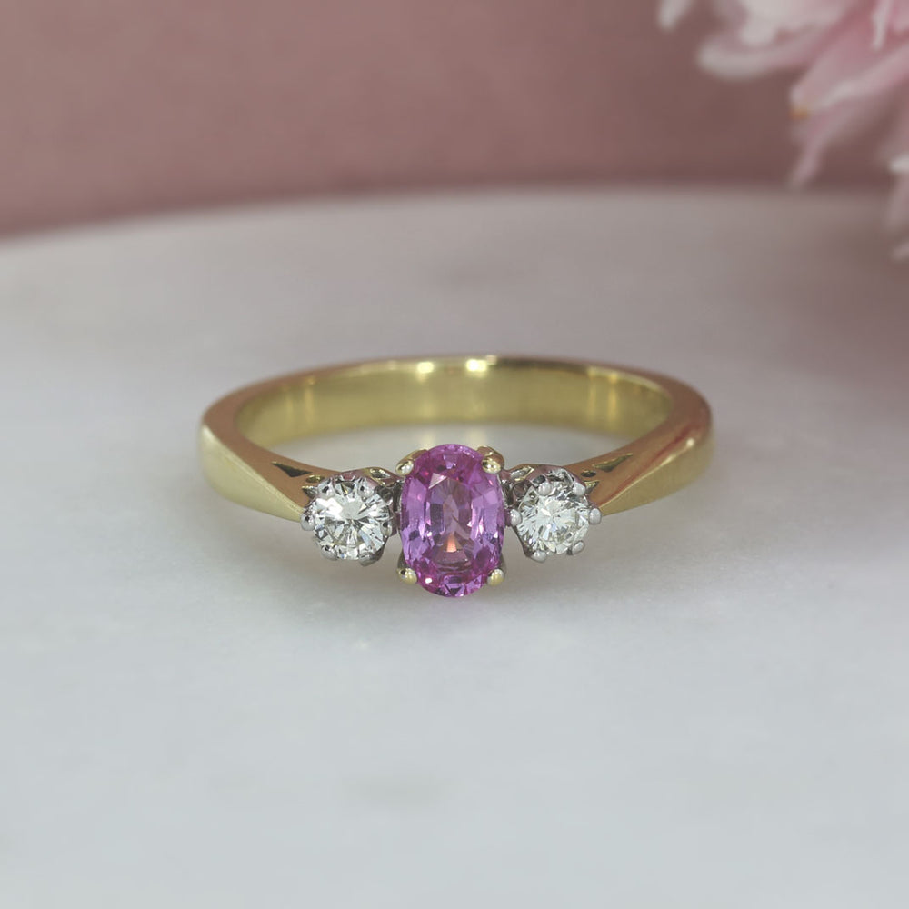 18ct Yellow Gold Oval Pink Sapphire & Brilliant Cut Diamond 0.20ct 3 Stone Ring