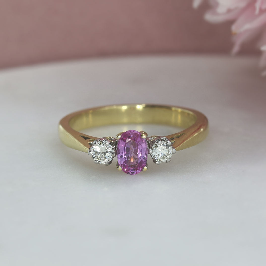 18ct Yellow Gold Oval Pink Sapphire & Brilliant Cut Diamond 0.20ct 3 Stone Ring