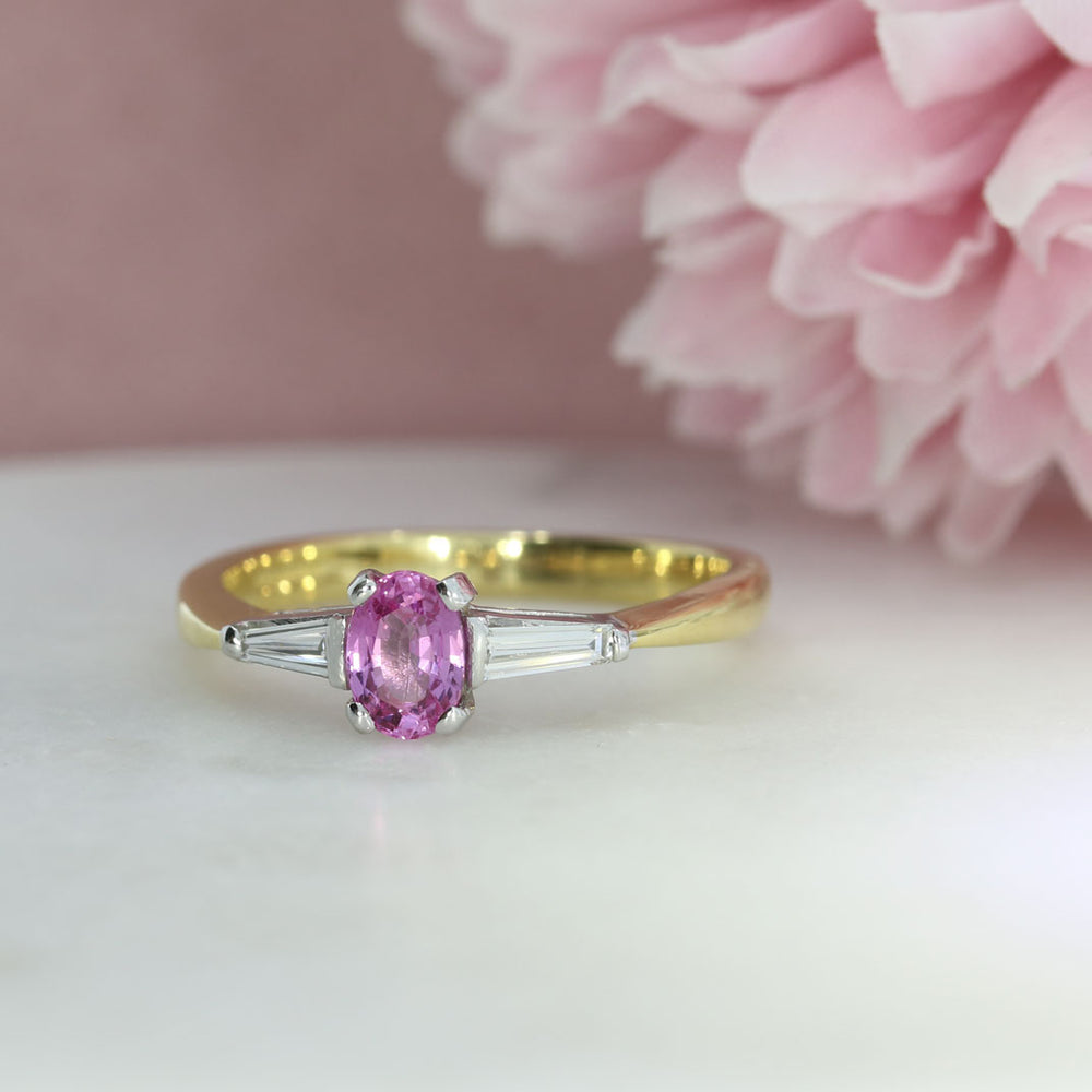 18ct Yellow Gold Pink Sapphire & Tapered Baguette Diamond 3 Stone Ring