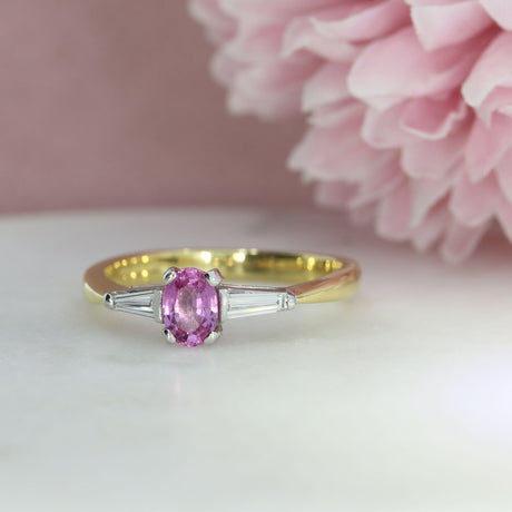 18ct Yellow Gold Pink Sapphire & Tapered Baguette Diamond 3 Stone Ring