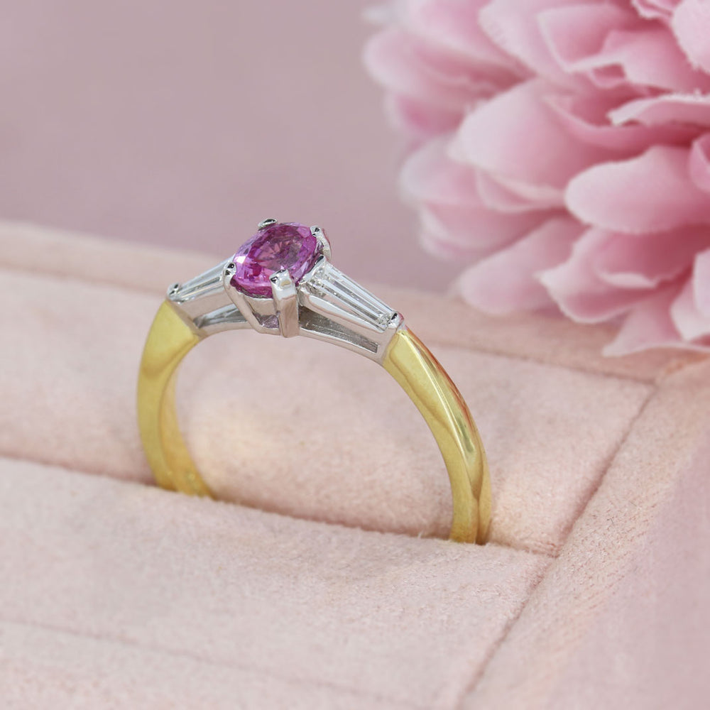 18ct Yellow Gold Pink Sapphire & Tapered Baguette Diamond 3 Stone Ring
