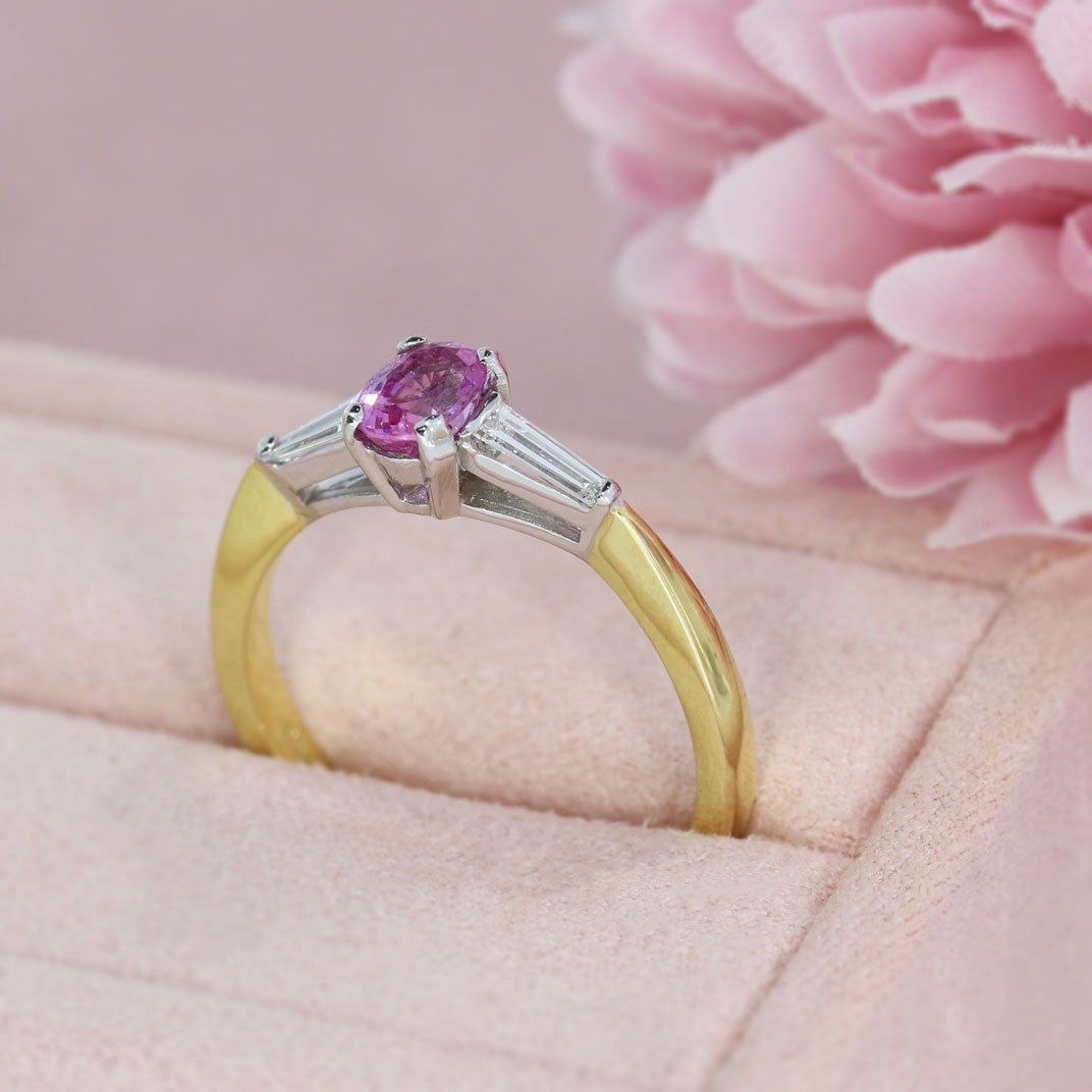 18ct Yellow Gold Pink Sapphire & Tapered Baguette Diamond 3 Stone Ring