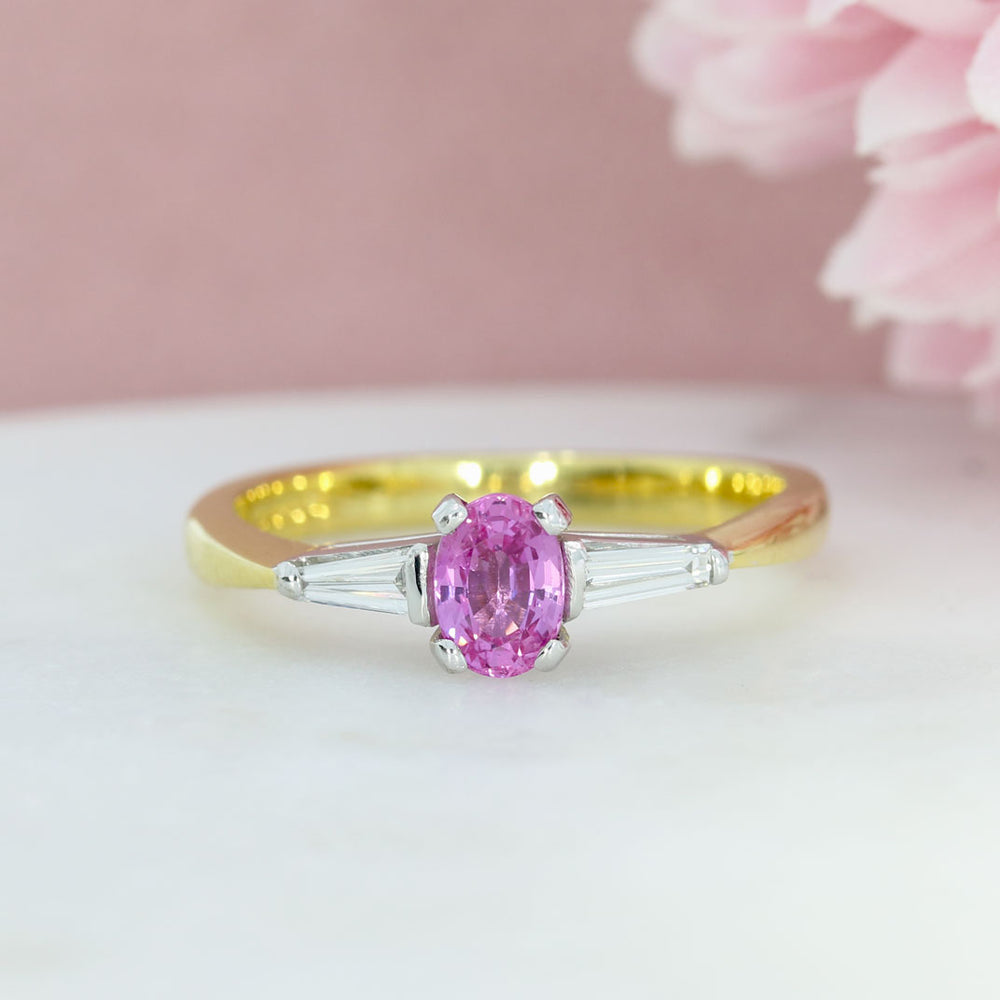 18ct Yellow Gold Pink Sapphire & Tapered Baguette Diamond 3 Stone Ring